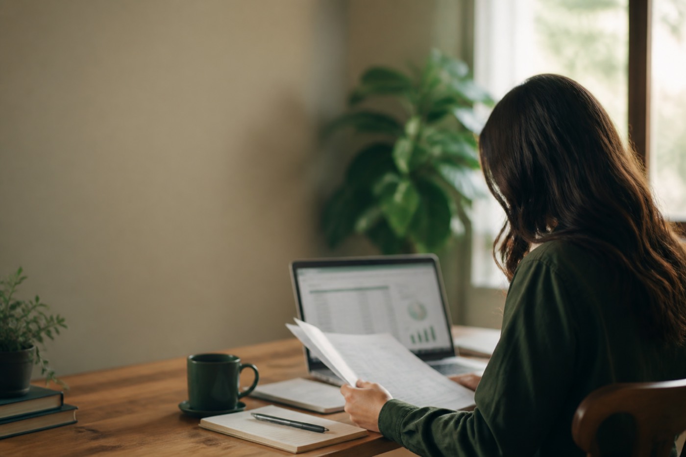 Person reviewing sales tax paperwork at a desk, face not shown